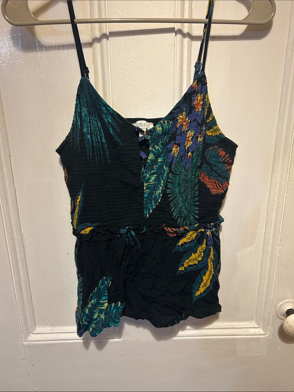 Patrons of Peace Black Tropical Print Camisole with Green & Yellow Leaves